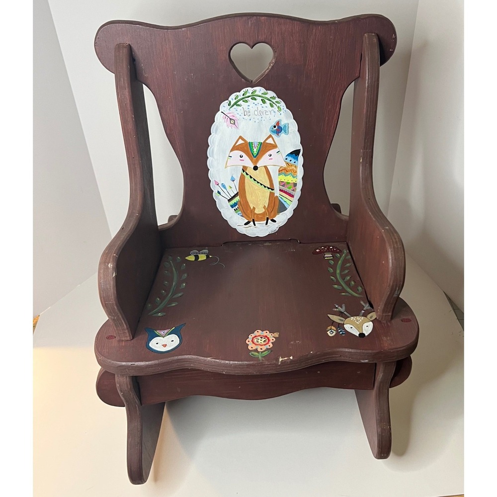 Handmade Handpainted Wood Kids‎ Rocking Chair Woodland Animals Heart Cutout